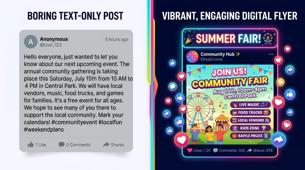 Visual flyer design vs text-only marketing content comparison
