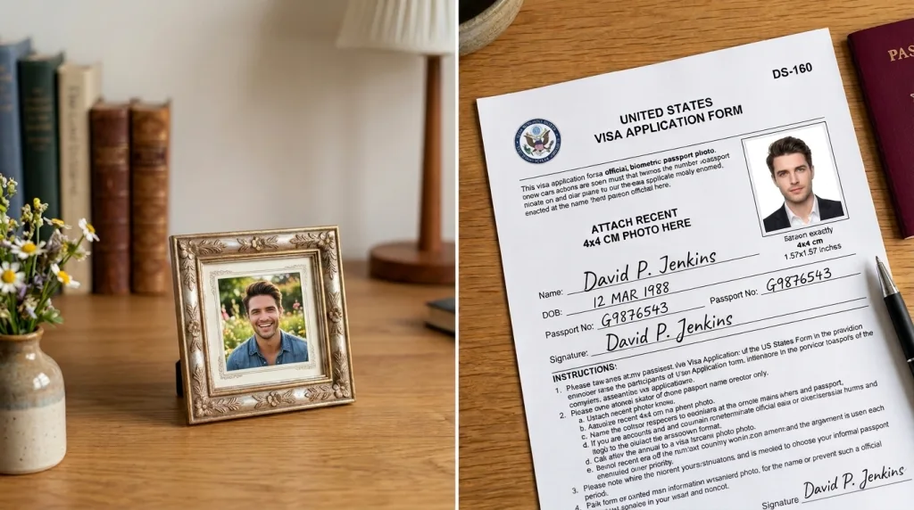 Visual size difference between a 4x4 inch decorative print and a small 4x4 cm official passport photo