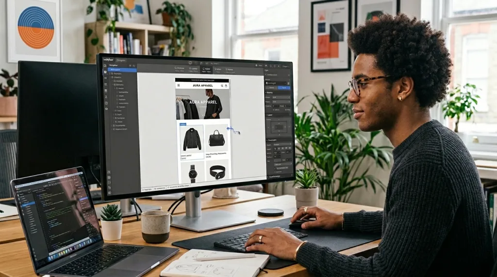 Webflow visual designer canvas editing a responsive e-commerce web layout.