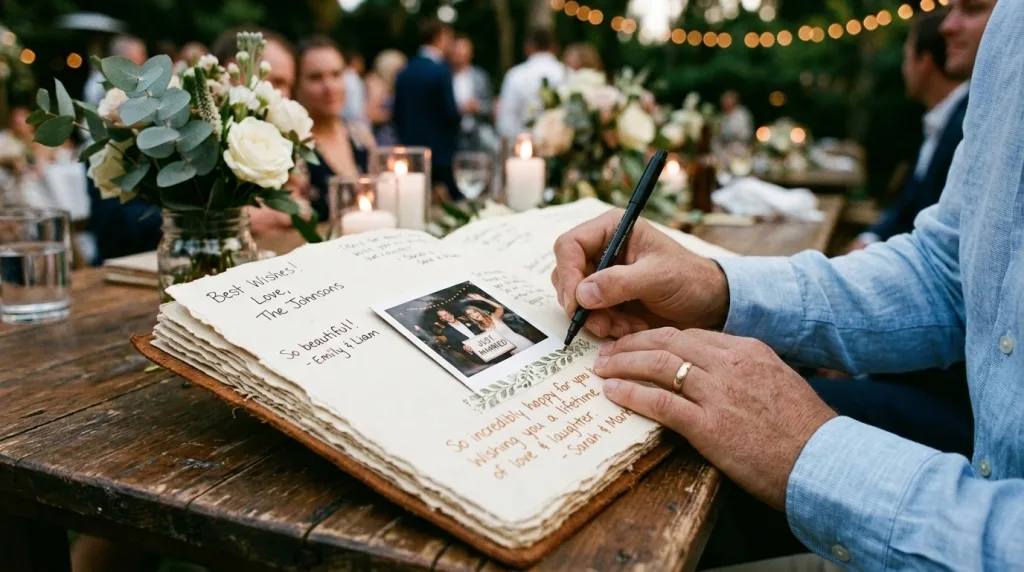 Wedding guest book with polaroid style photos and handwritten messages