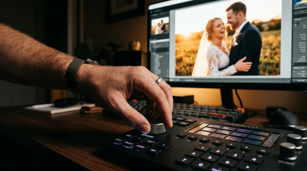 Wedding photographer adjusting color correction and color grading sliders in Lightroom.
