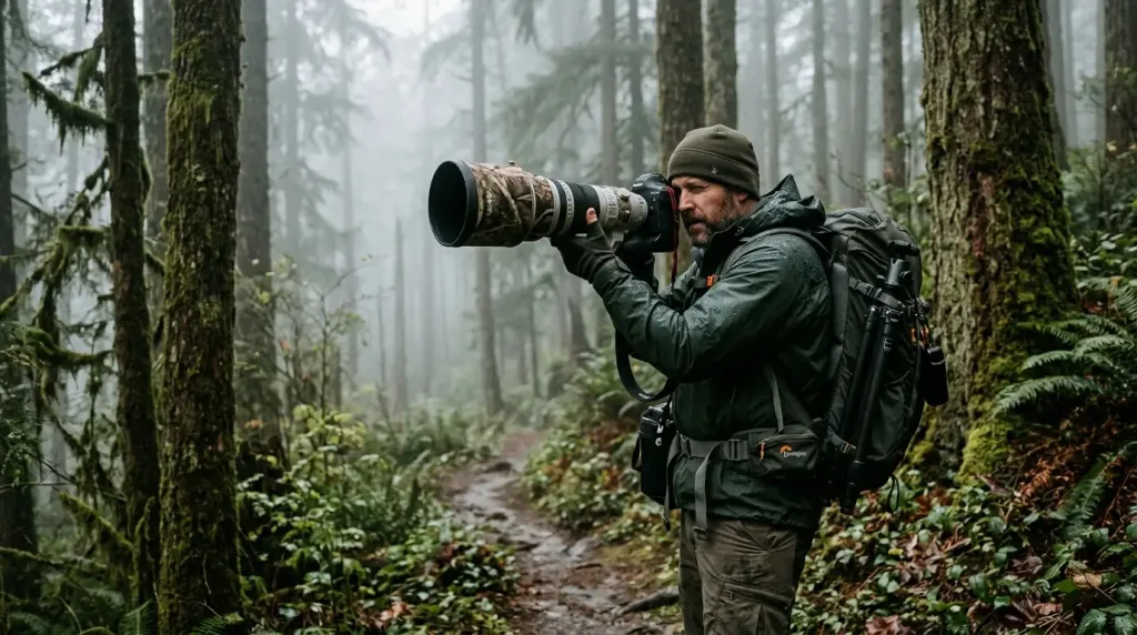 Wildlife photographer shooting with a weather-sealed DSLR camera and telephoto lens outdoors.