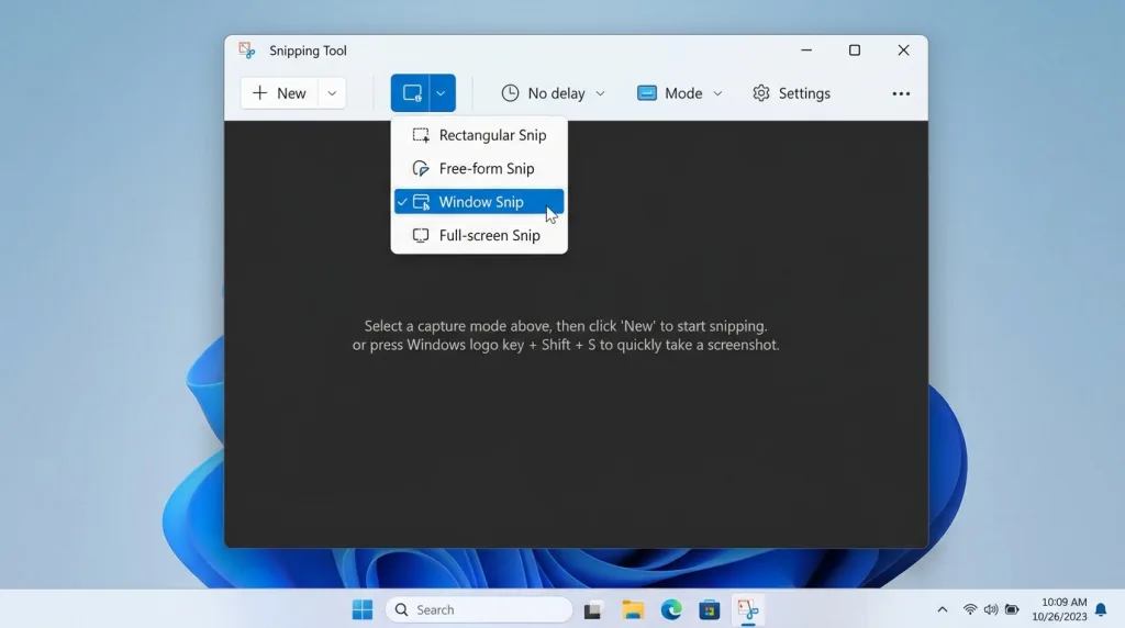 Windows 11 Snipping Tool interface showing different capture modes