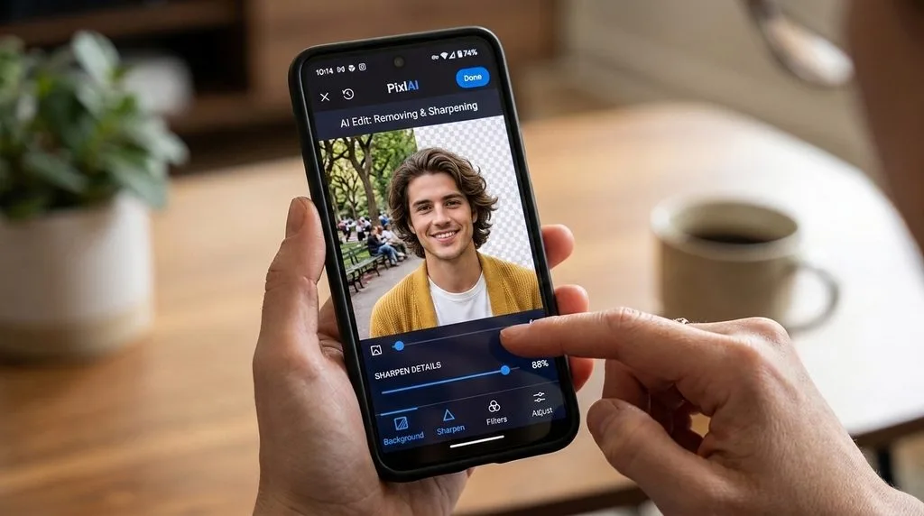 AI mobile photo editing app removing background elements and sharpening details on a phone screen.
