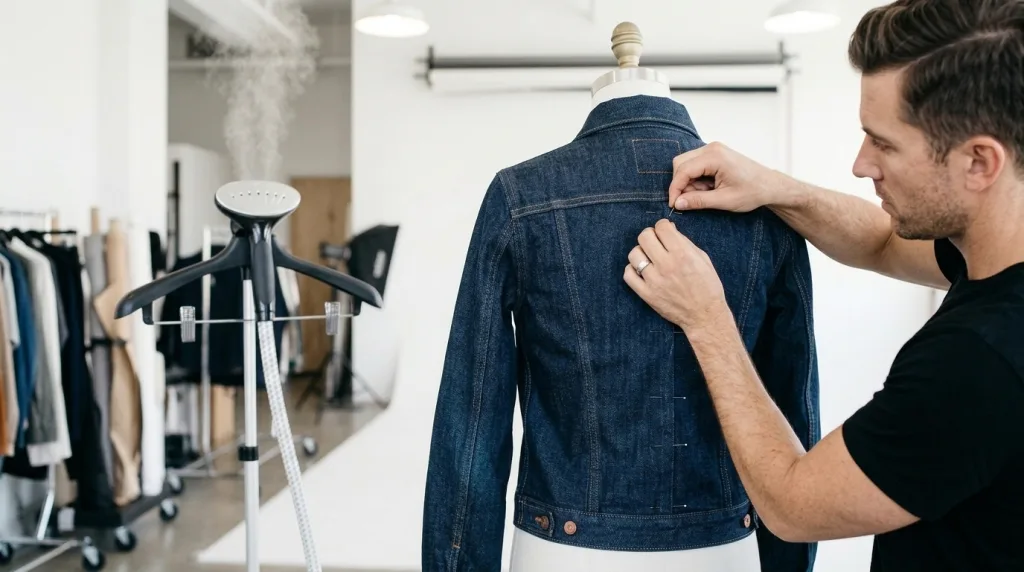 apparel product styling ghost mannequin prep with pins and steamer