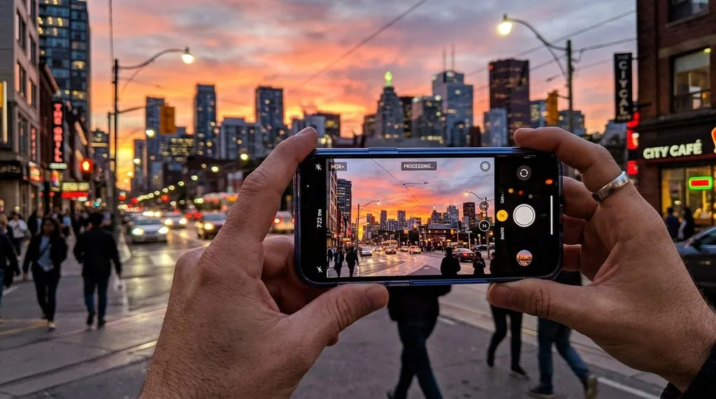 
Person taking an urban sunset photo using a budget-friendly camera phone.