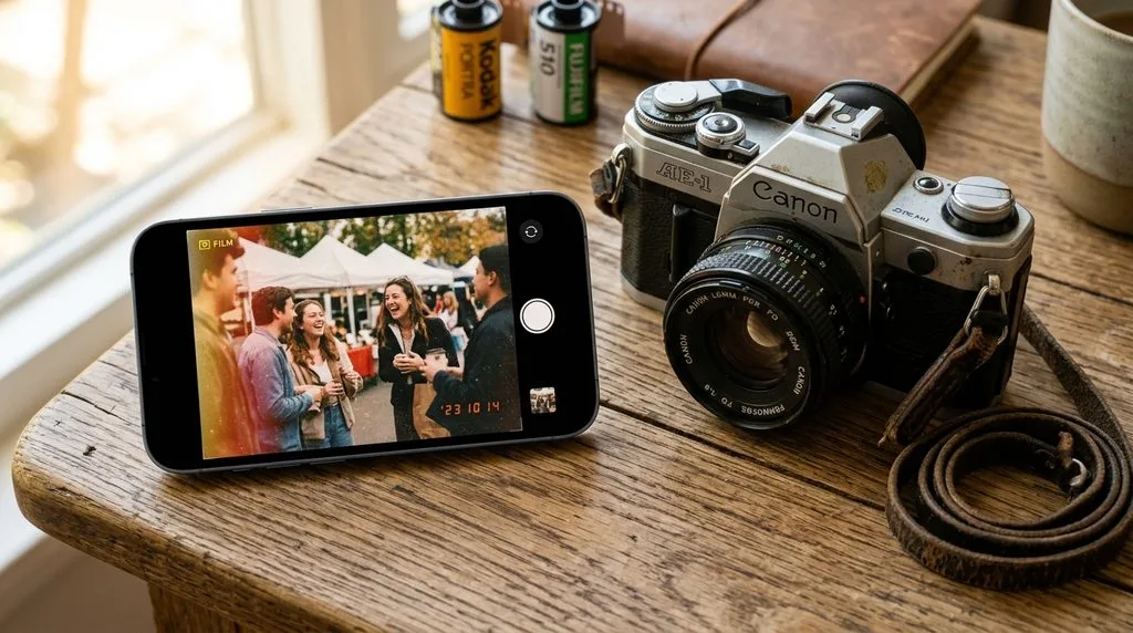 A phone displaying a film-style retro photo filter next to a vintage analog camera.