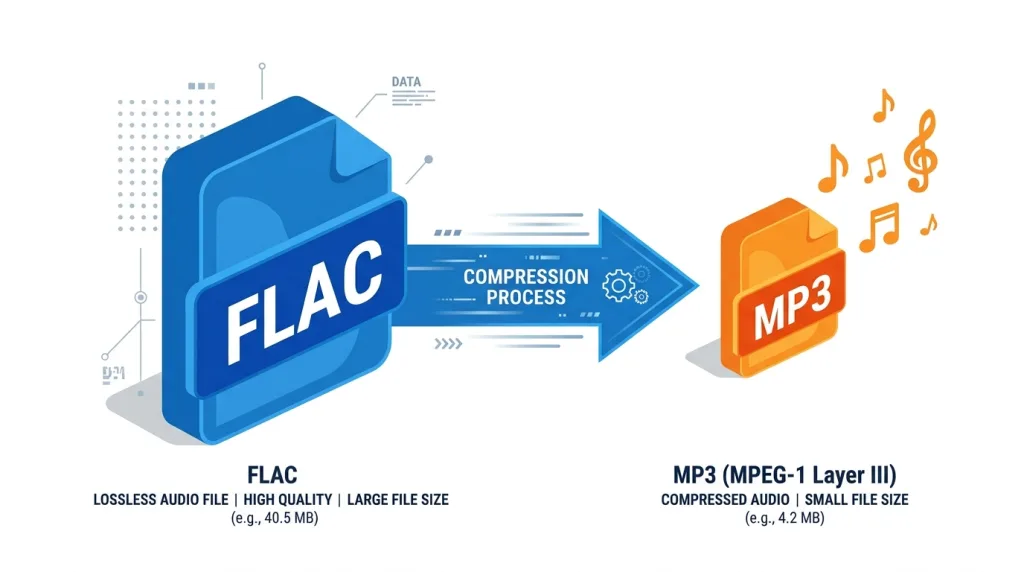 flac vs mp3 file size and audio compression comparison graphic