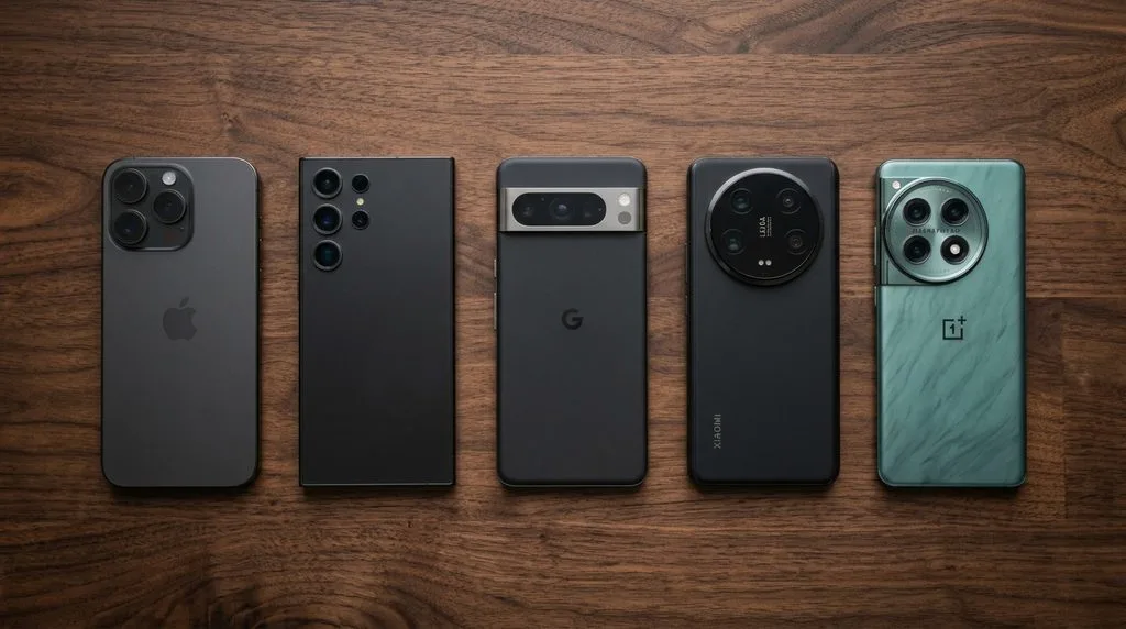 Top flagship smartphones of 2026 arranged side-by-side on a wooden desk showing camera module designs.