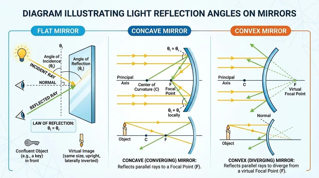 Diagram illustrating light reflection angles on flat, concave, and convex mirrors.