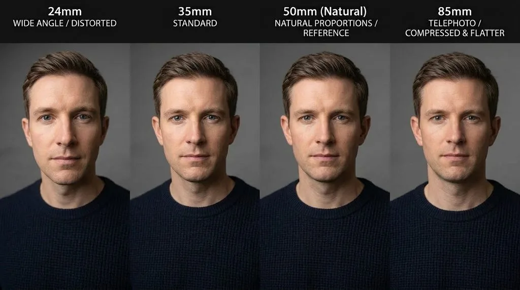 Visual comparison of facial distortion across 24mm, 35mm, 50mm, and 85mm camera focal lengths.