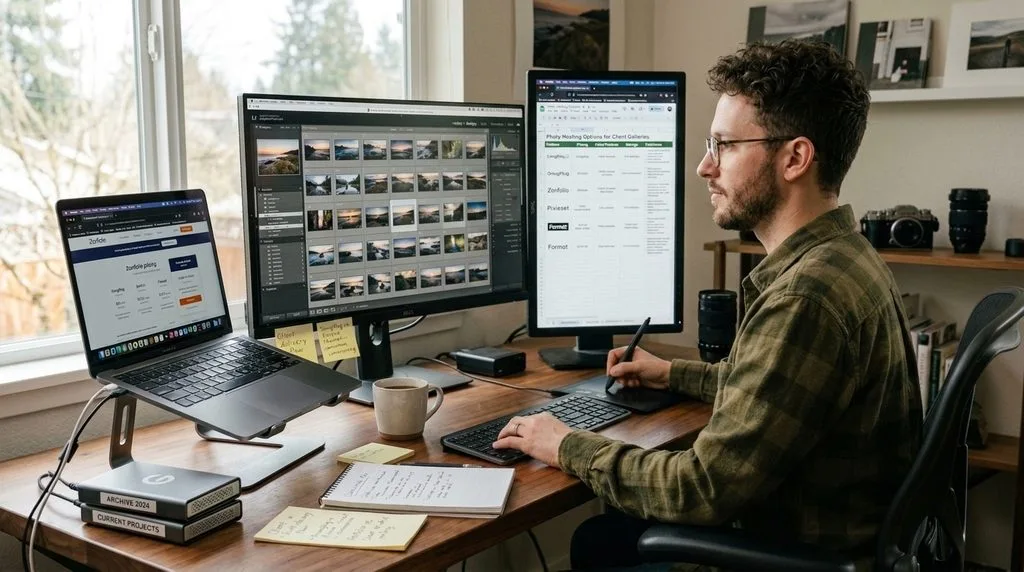 Photographer reviewing digital image galleries and selecting a photo hosting workflow.