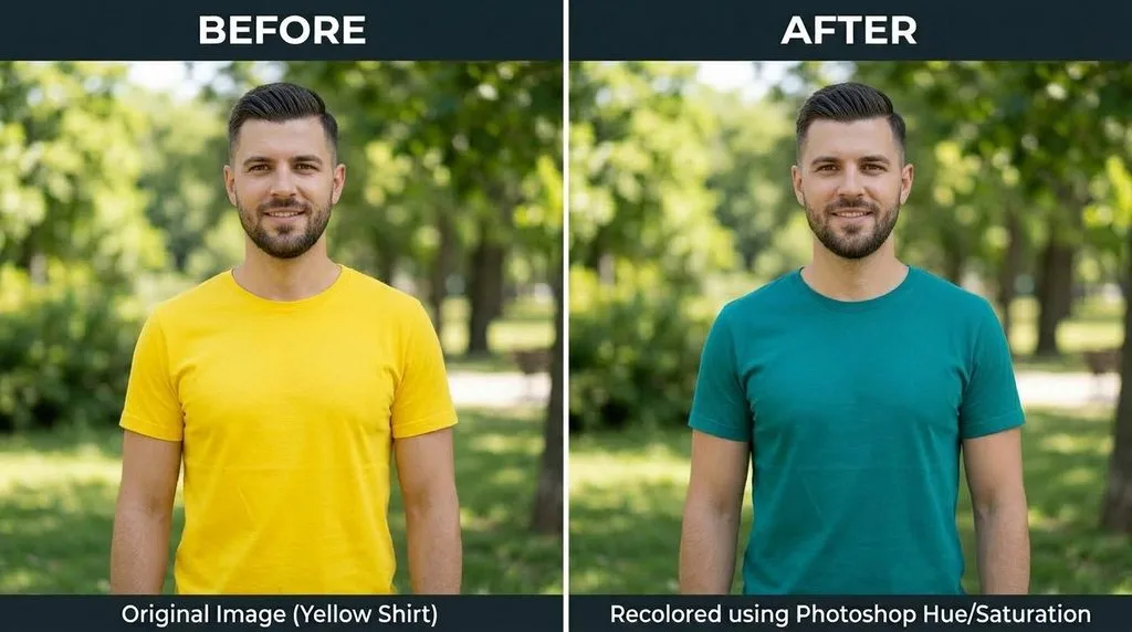 Before and after comparison of a shirt recolored from yellow to teal using Photoshop Hue Saturation layer.