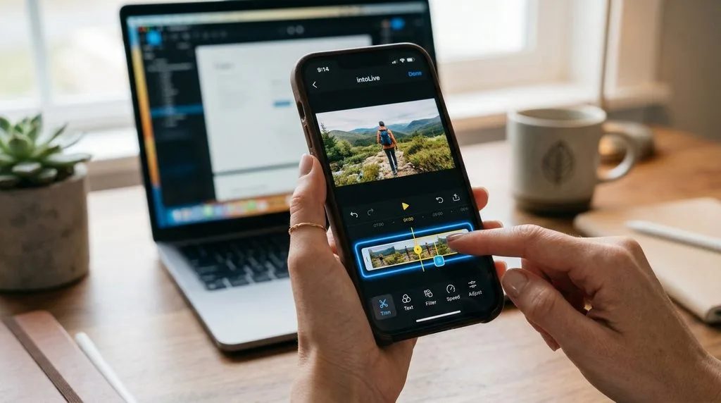 User trimming a short video clip in intoLive app on iPhone to make a Live Photo.