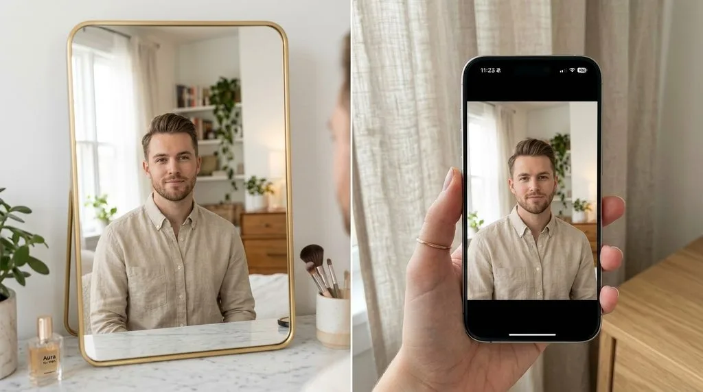 Direct comparison of a face seen in a mirror versus rendered on a smartphone screen.