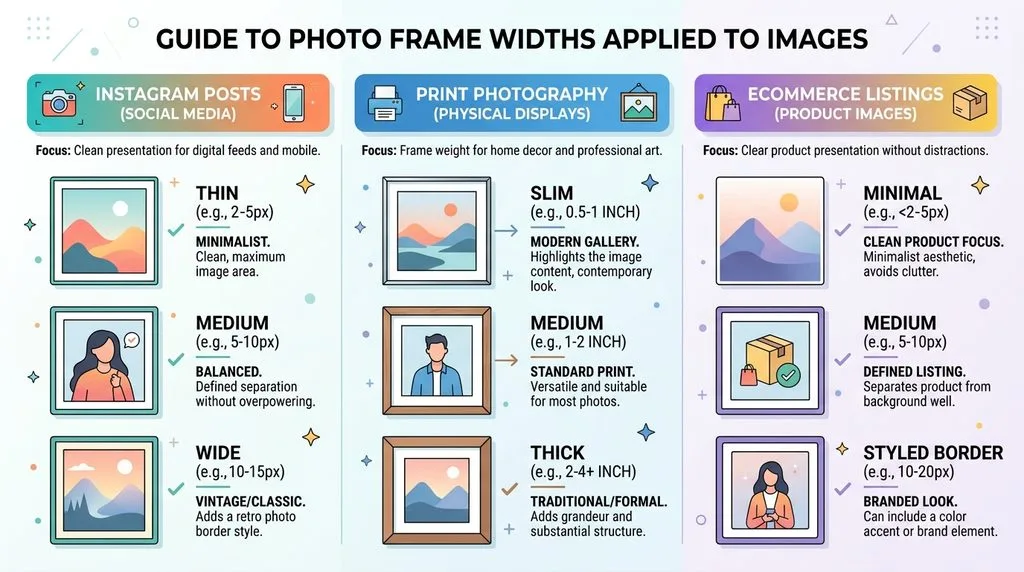 Visual guide showing optimal border aspect ratios and pixel sizes for web and print framing.