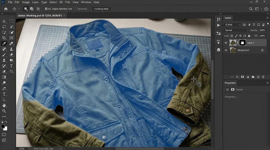 Photoshop AI Object Selection Tool highlighting a jacket with blue overlay selection bounds.