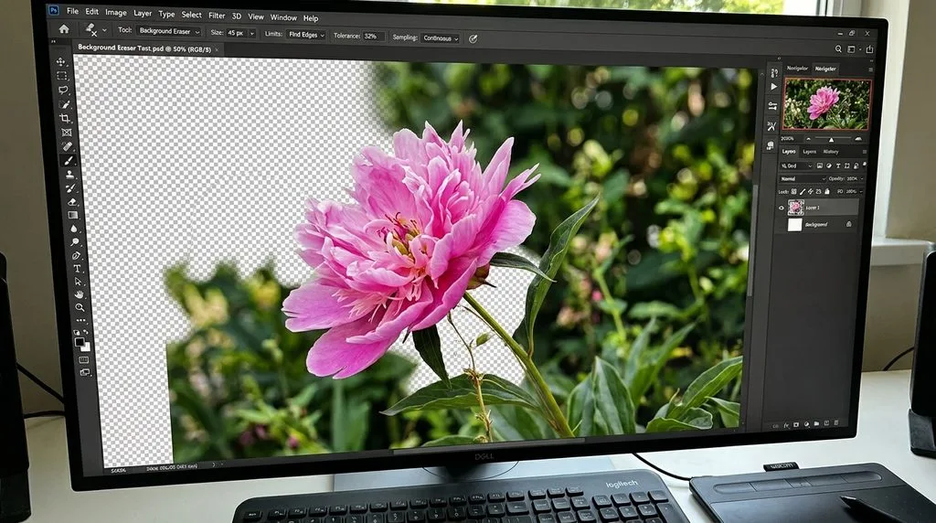 Background Eraser tool in Photoshop isolating complex edges from a backdrop.