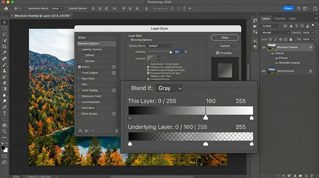Blend If sliders in the Photoshop Layer Style dialog box for non-destructive color removal.