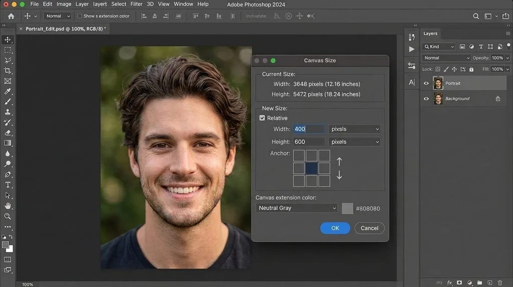 Photoshop Canvas Size dialog box configured with relative dimensions to expand frame edges.