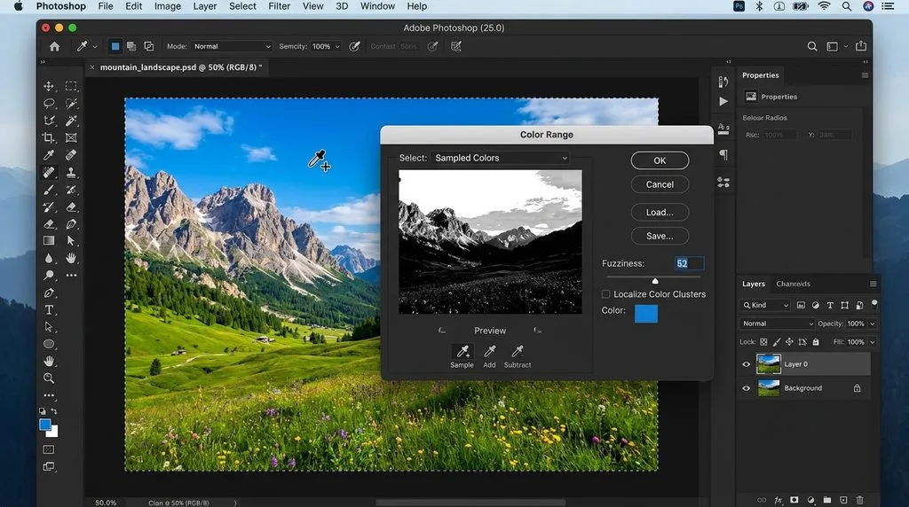 Adobe Photoshop Color Range tool window sampling a background color.