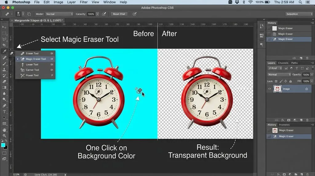Using the Magic Eraser tool in Photoshop to delete a background color with one click.