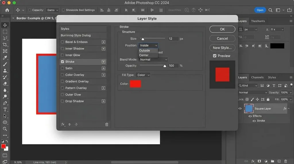 Layer Style Stroke settings window in Photoshop set to Inside position for border creation.