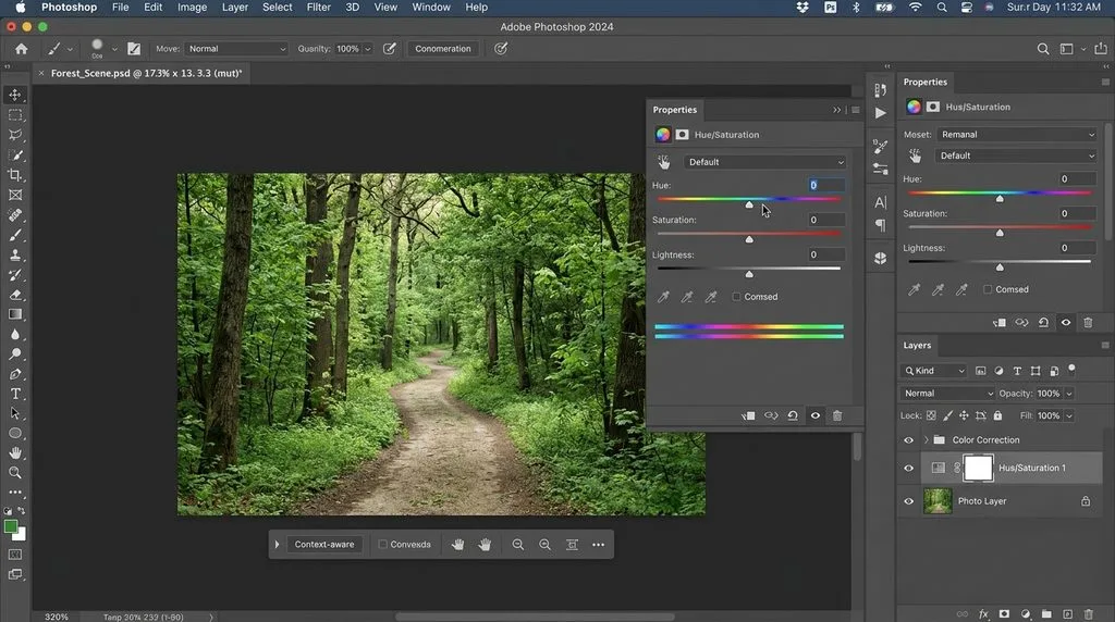 Photoshop desktop workspace setup showing docked Layers and Properties panels ready for non-destructive color editing.