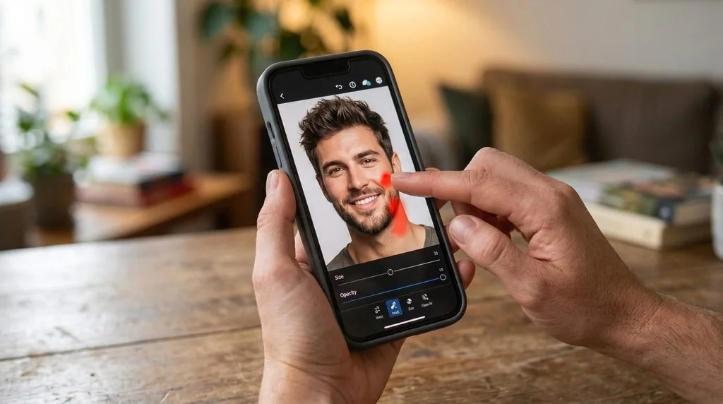Detailed mobile portrait retouching and skin smoothing on a smartphone.