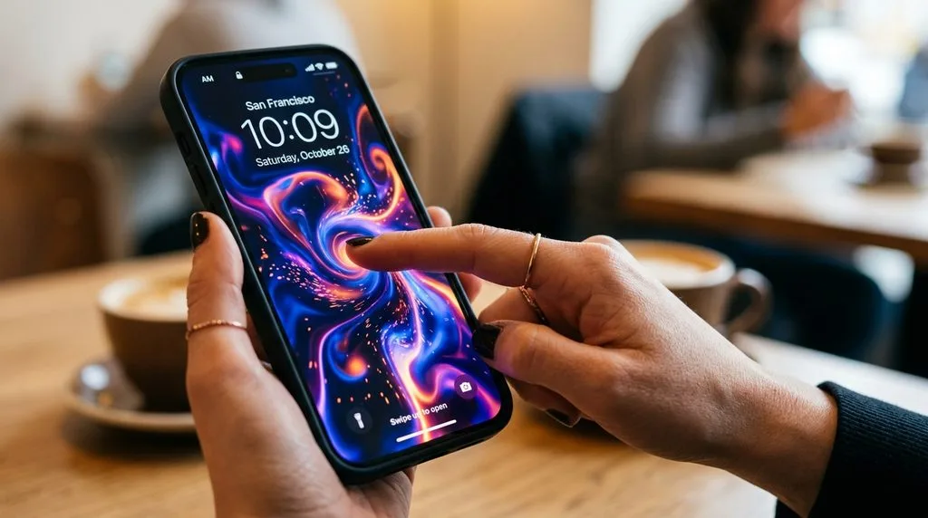 User activating an animated Live Photo wallpaper on iPhone lock screen with press-and-hold gesture.
