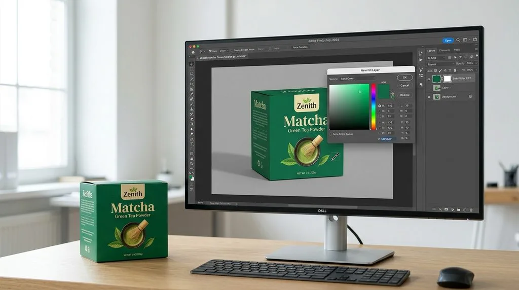 Photoshop Solid Color Fill layer matching a product package to an exact brand hex code.
