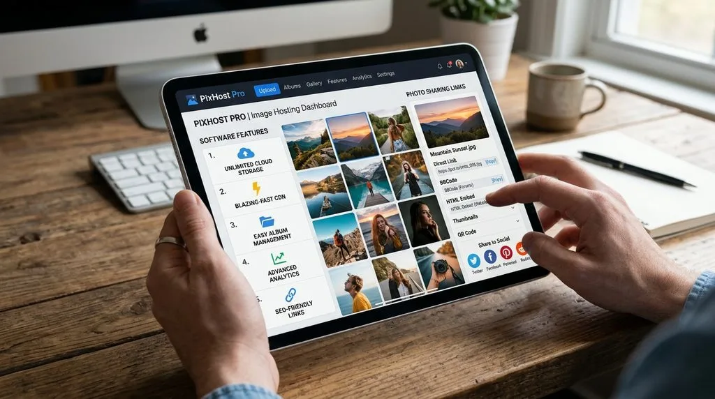 Digital tablet showcasing image hosting software features and photo sharing links.