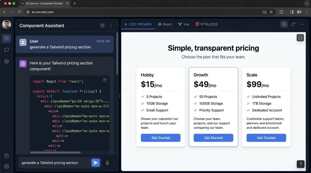 v0 by Vercel generating a Tailwind CSS and React component from text prompt.