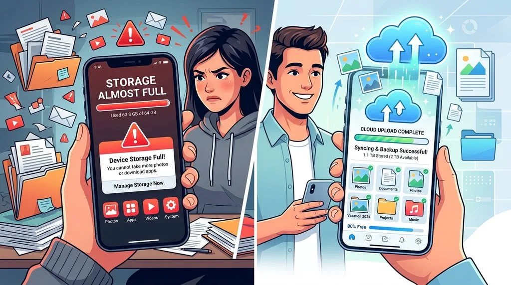 Conceptual illustration comparing full phone storage errors with organized cloud photo hosting.