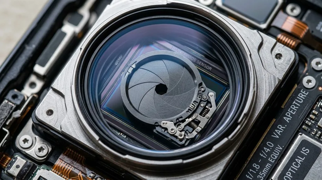 Macro view of a smartphone lens with a 1-inch sensor and variable aperture mechanism.