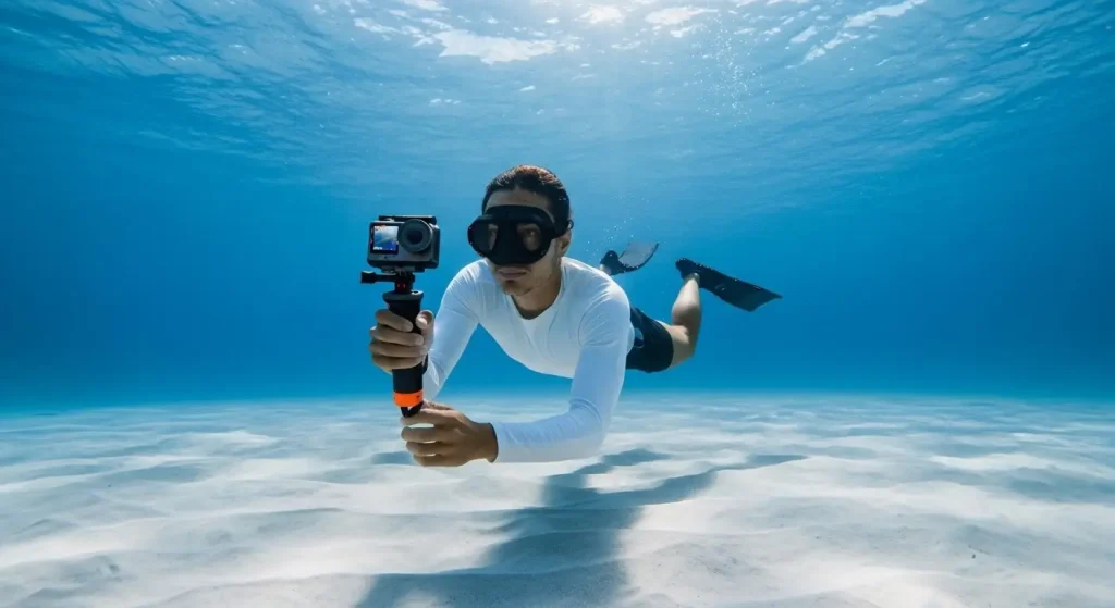 Diver using an action camera for underwater video recording