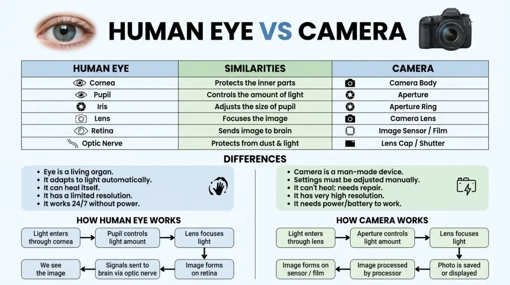 Human eye vs camera comparison infographic