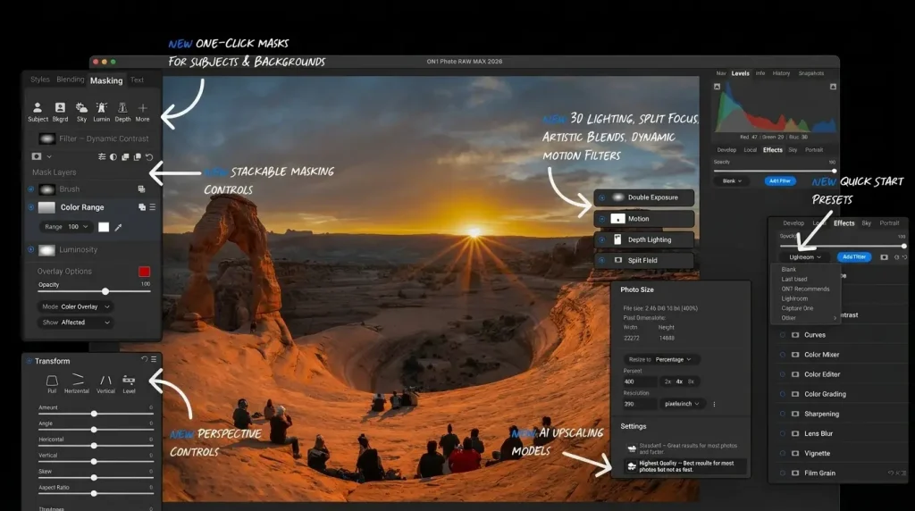 ON1 Photo RAW MAX 2026 AI masking layers and creative filters