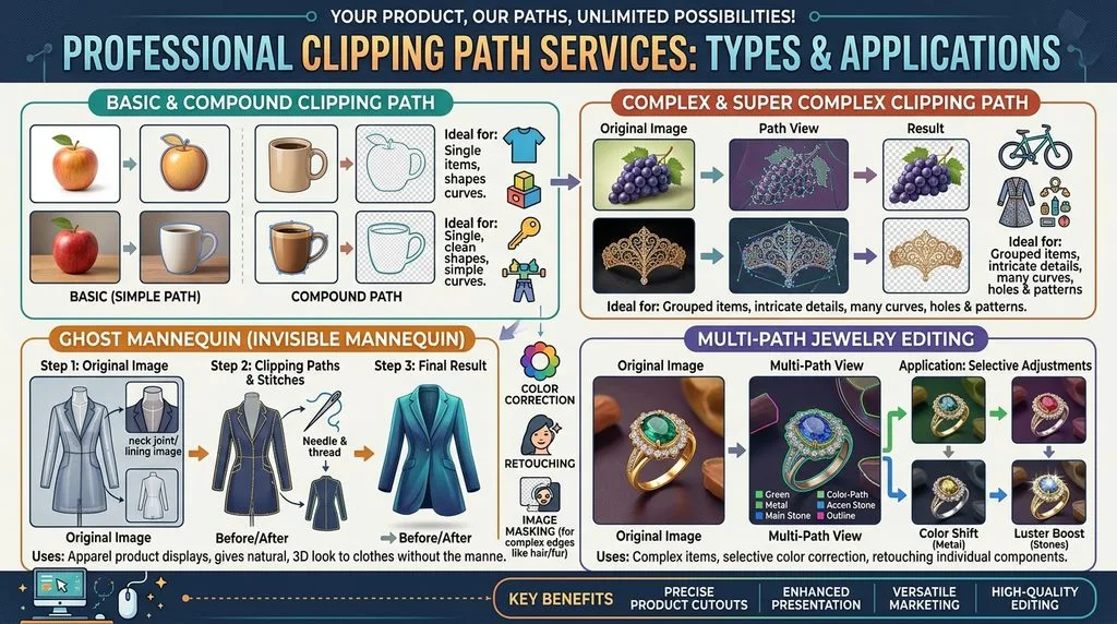 Infographic displaying various types of professional clipping path services including ghost mannequin and multi-path jewelry editing.