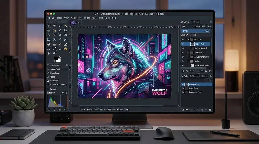 GIMP 3.2 photo editing software interface showing layers and editing tools.