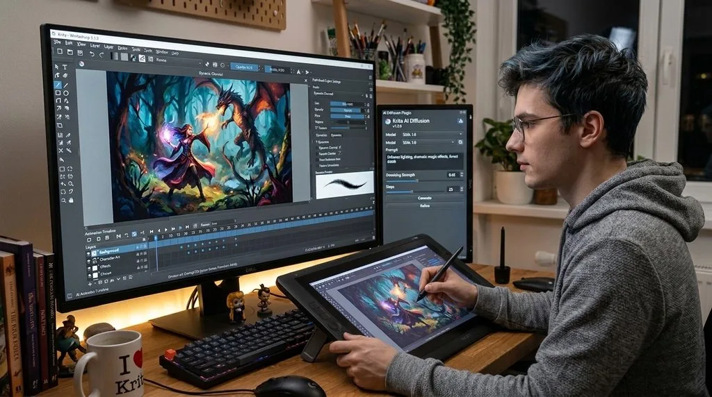 Krita digital painting software featuring brush presets and AI painting capabilities.