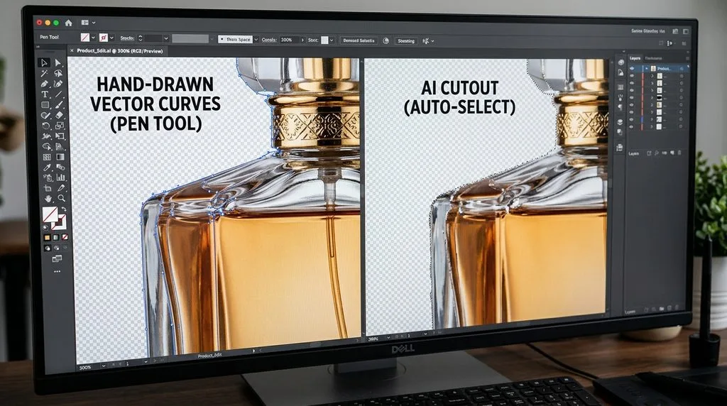 Close-up of manual clipping path anchor points drawn around a complex glass bottle at high zoom.