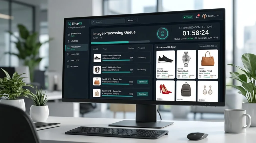 Photofixal dashboard displaying fast delivery times and high-quality product photo background removal.