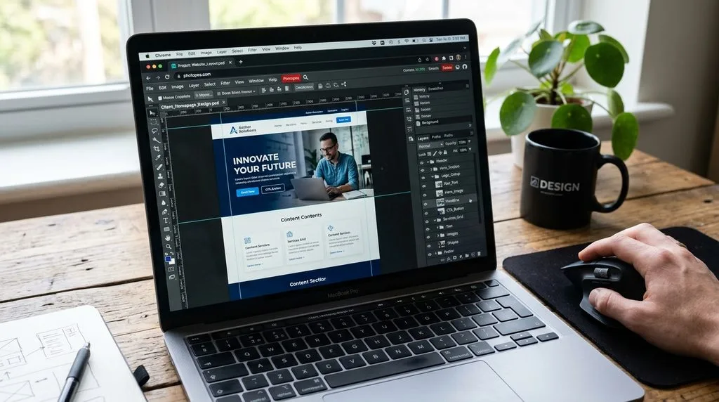 Photopea web-based image editor interface opening a PSD file inside a browser.