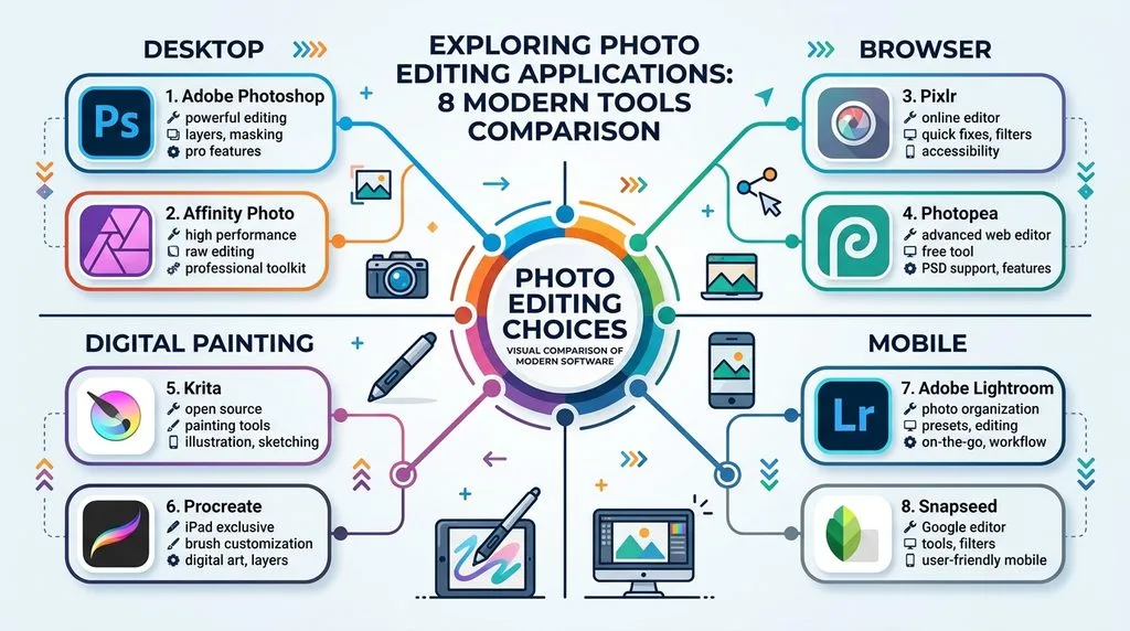 Infographic diagram comparing the 8 best free Photoshop alternatives for different editing needs.