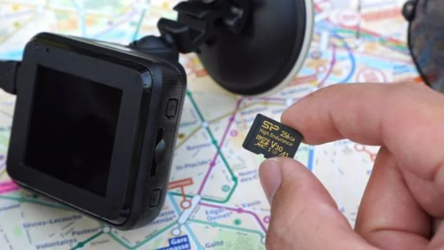 High-endurance microSD card installed inside a dash cam