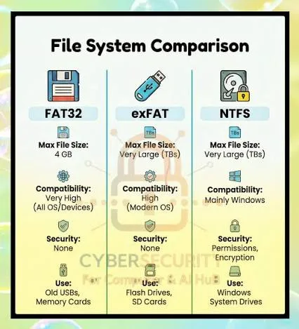FAT32 versus exFAT file system comparison chart showing single-file size limits
