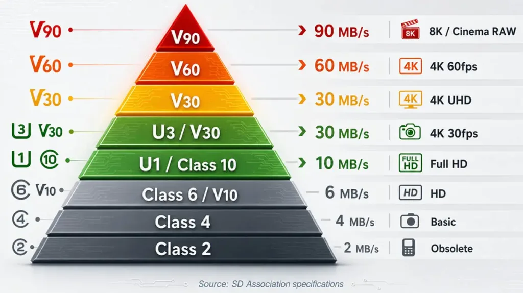 SD card speed class labels explained with UHS-I, UHS-II, V30, V60, and V90 symbols